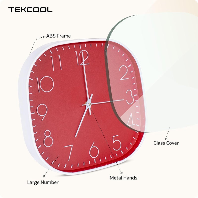 TEKCOOL Plastic Analogue Wall Clock 12" Silent Quartz Decorative Latest Wall Clock Non-Ticking Classic Clock Battery Operated Round Easy to Read for Room/Home/Kitchen/Bedroom/Office/School.Red - Image 2