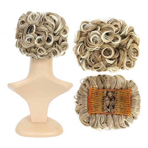 SWACC Short Messy Curly Dish Hair Bun Extension Easy Stretch hair Combs Clip in Ponytail Extension Scrunchie Chignon Tray Ponytail Hairpieces Chestnut Brown Blonde Blend6AT88 - Image 2