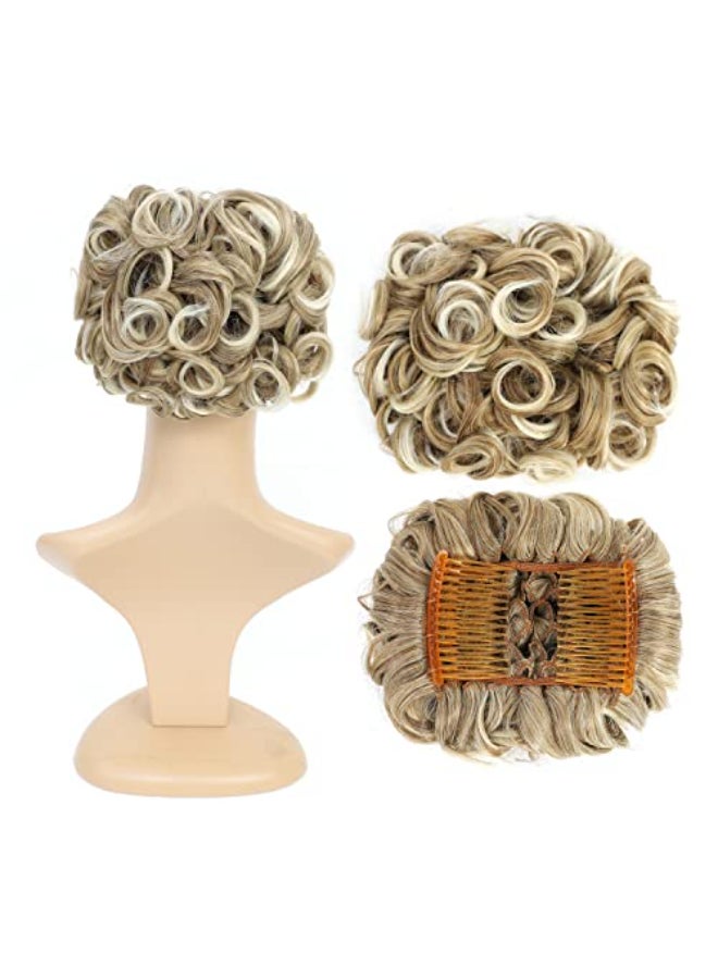 SWACC Short Messy Curly Dish Hair Bun Extension Easy Stretch hair Combs Clip in Ponytail Extension Scrunchie Chignon Tray Ponytail Hairpieces Chestnut Brown Blonde Blend6AT88 - Image 1