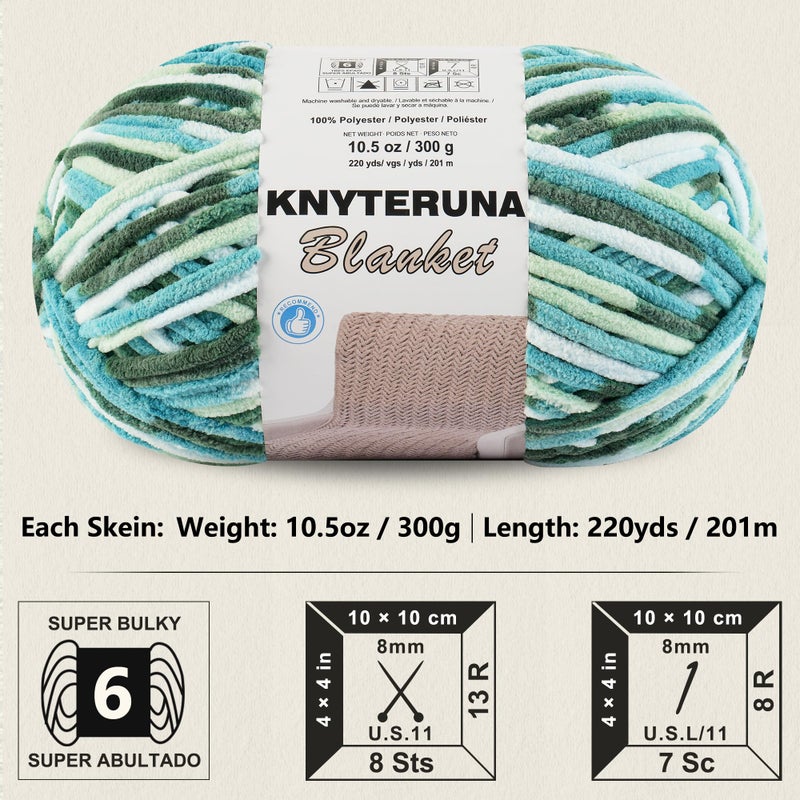 Knyteruna #6 Super Bulky Blanket Yarn for Crocheting - 4 Skeins(Each 10.5oz/300g, 220yds/201m), Chunky Chenille Thick Plush Big Soft Yarn for Crocheting Knitting Blankets, Forest & Teal & Sky & Mint - Image 2