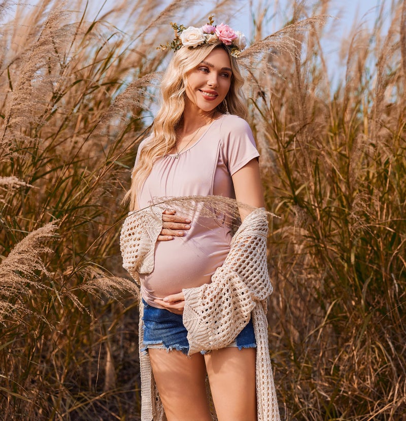 Ekouaer 3 Packs Nursing Tops for New Mom Breastfeeding Side Ruched Nursing Clothes Flecking Grey+Wine Red+Orange L - Image 2