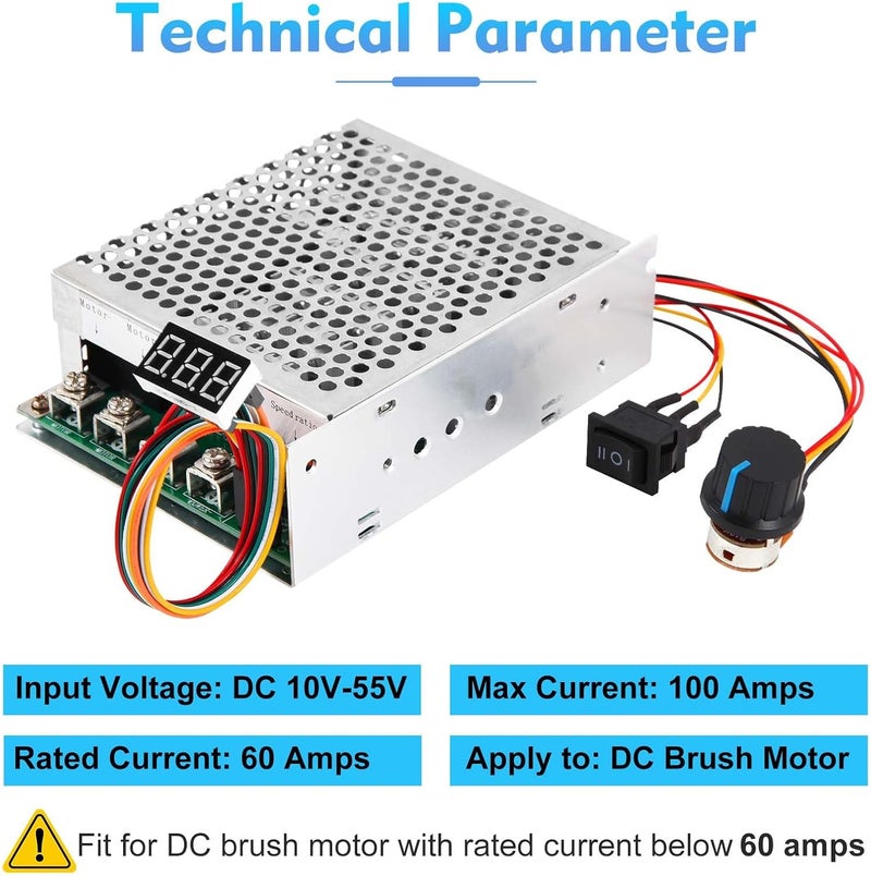 HARMNEE PWM DC Motor Speed Controller, DC 10V-55V / Rated 60A / Max 100A Brush Motor Stepless Speed Controller with LED Display & Forward-Brake-Reverse Switch & Ajustable Potentiometer - Image 2