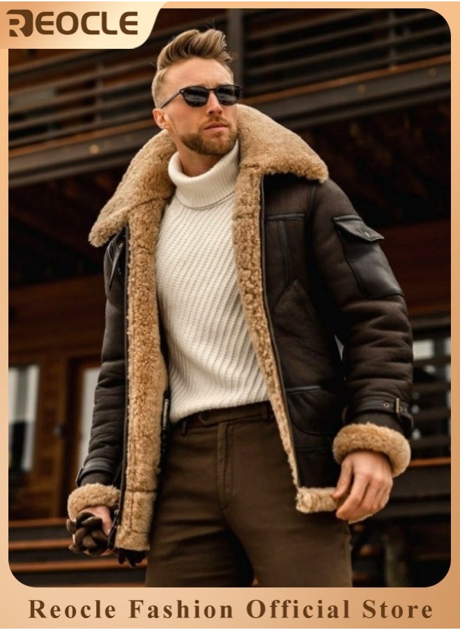 REOCLE - Men's Thick Fur Jacket Plus Velvet to Keep Warm and Comfortable Composite Leather Jacket Thick Coat Woolen Coat for Men - Image 1