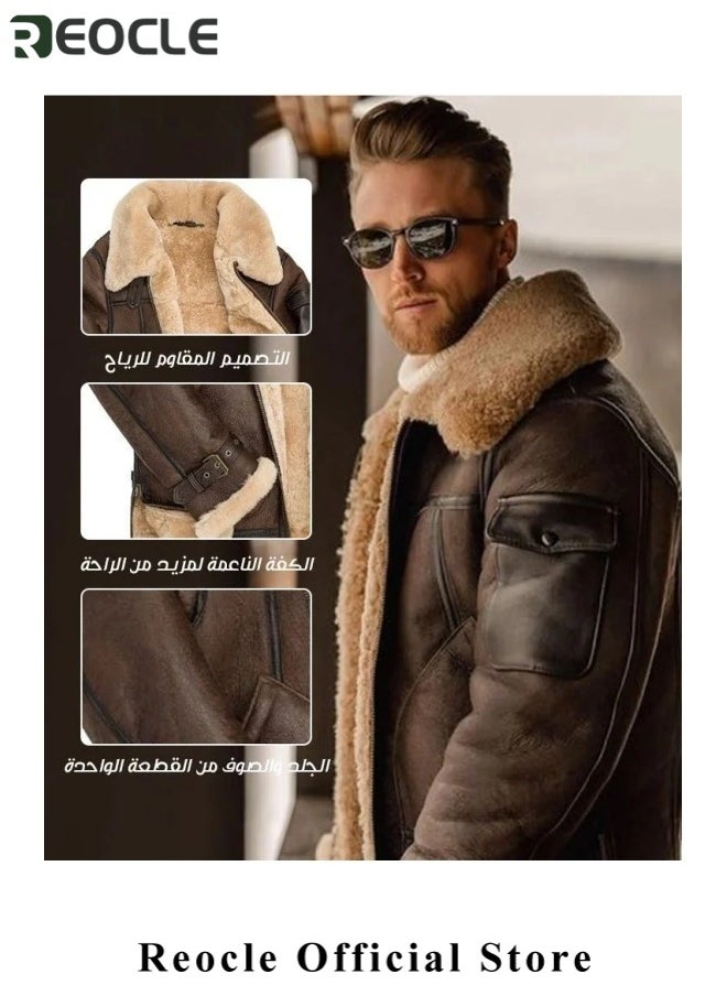 REOCLE - Men's Thick Fur Jacket Plus Velvet to Keep Warm and Comfortable Composite Leather Jacket Thick Coat Woolen Coat for Men - Image 1