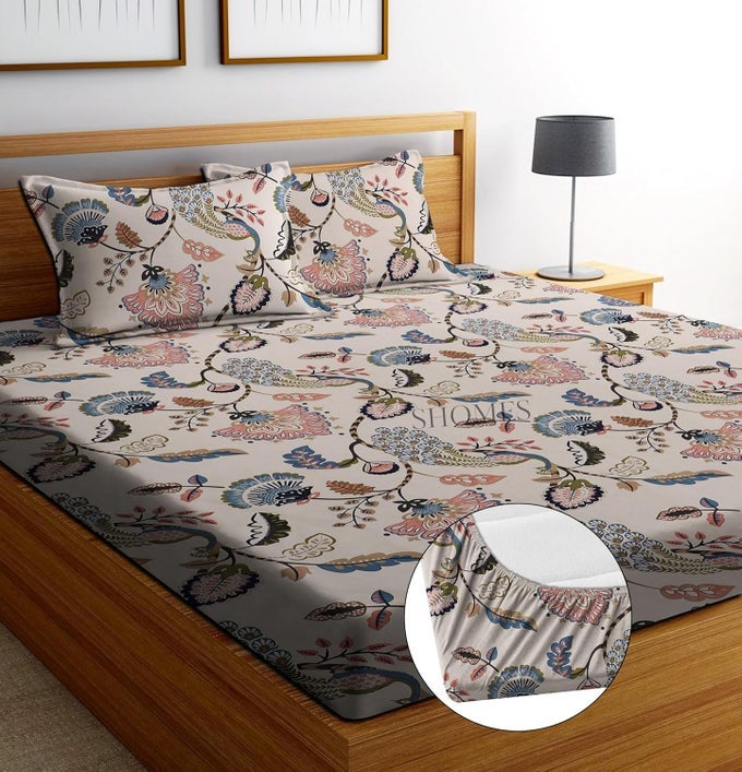 COTTON FEEL GLACE COTTON ELASTIC FITTED BEDSHEET WITH 2 KING SIZE PILLOW COVERS DOUBLE BED WITH ALL AROUND ELASTIC FITS UPTO 8 INCHES MATTRESS SIZE 72 X 78 INCHES BEIGE PEACOCK PRINTED