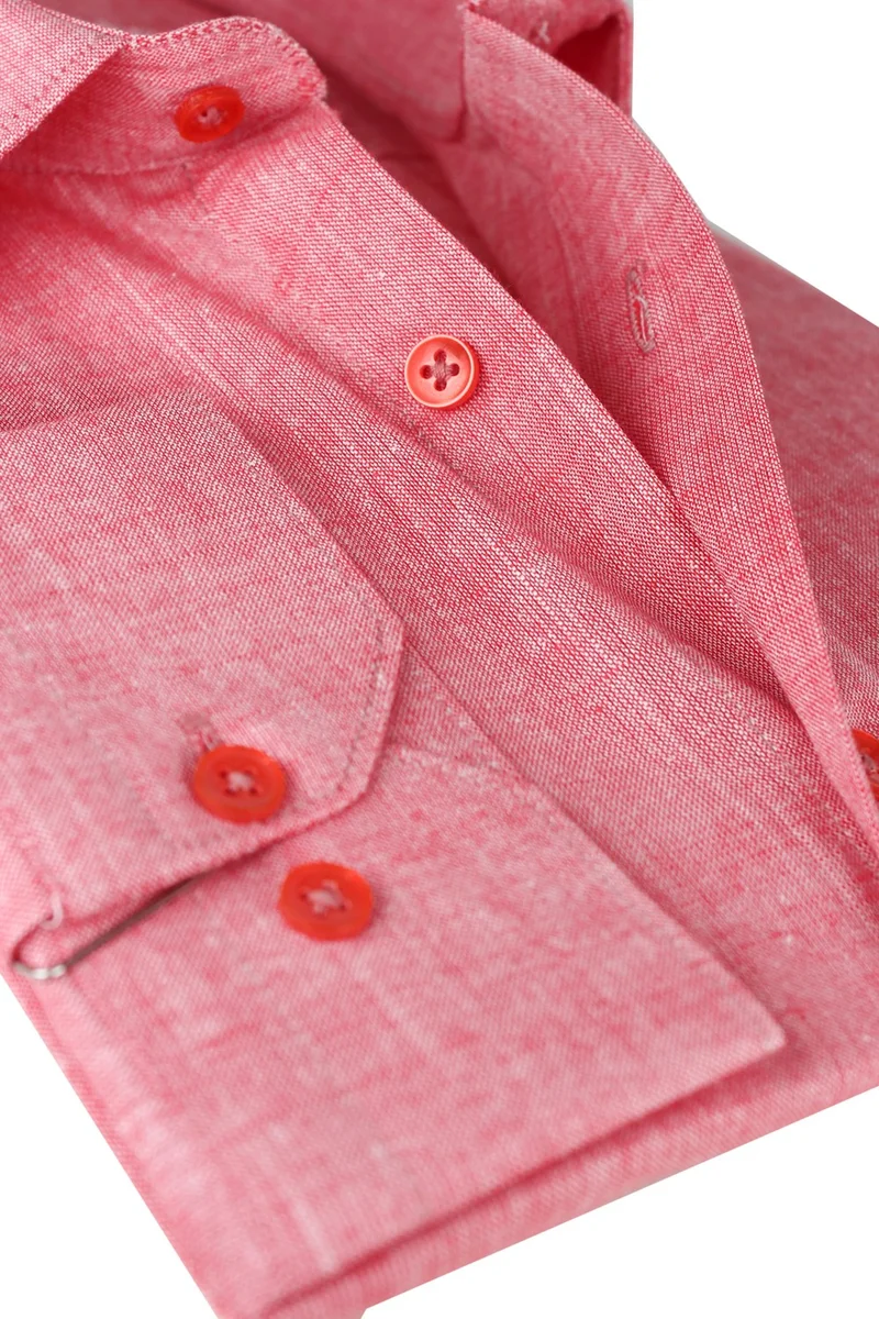 فاريتا Men's Pink Long Sleeve Linen Effect Pocket Cotton Shirt