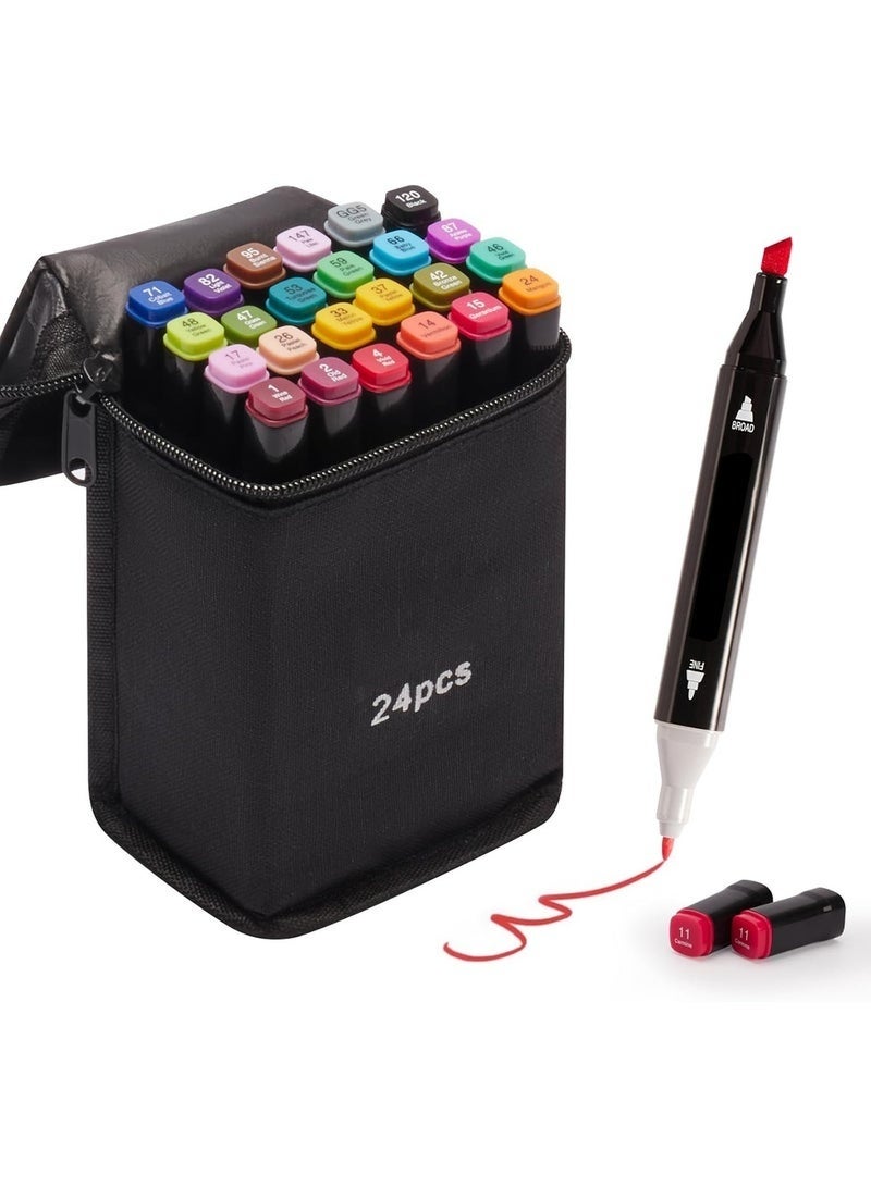 24 Colors Dual Tip Alcohol Markers Set – Professional Art Drawing and Coloring Pens with Fine and Chisel Tips for Sketching Shading Anime Manga Illustration and Fashion Design – Fast Drying Blendable Colored Markers with Carrying Case for Kids Adults Artists Students and Creative Projects - Image 1