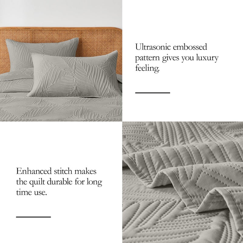 OARAGE King Quilt Bedding Set Lightweight Soft Grey Bedspread Coverlet with Leaf Pattern Ultrasonic Microfiber Bed Cover Set for All Season 3 Pieces (1 Quilt  2 Shams) - Image 5