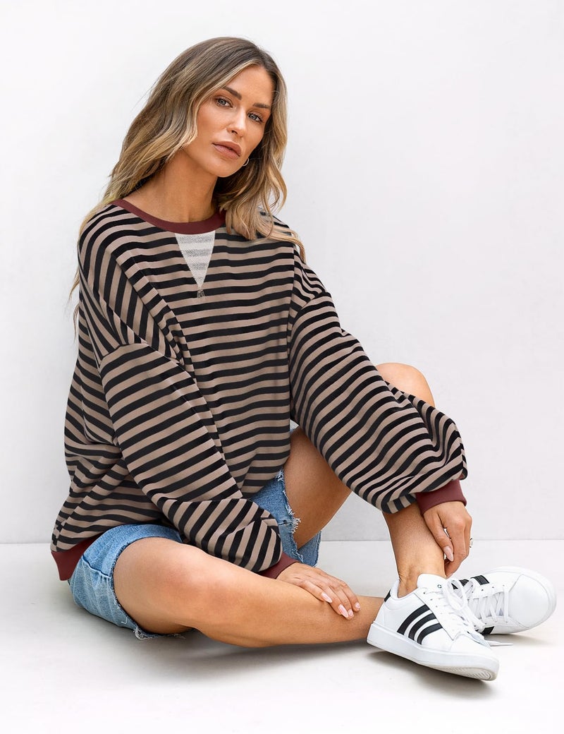 UEU Womenâ€™s Oversized Sweatshirt Long Sleeve Crewneck Pollover Tunic Tops Casual Striped Shirt Black Coffee Striped Large - Image 3