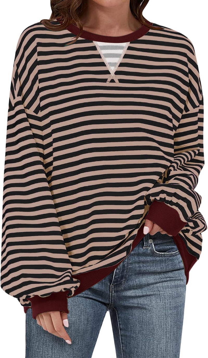 UEU Womenâ€™s Oversized Sweatshirt Long Sleeve Crewneck Pollover Tunic Tops Casual Striped Shirt Black Coffee Striped Large - Image 1