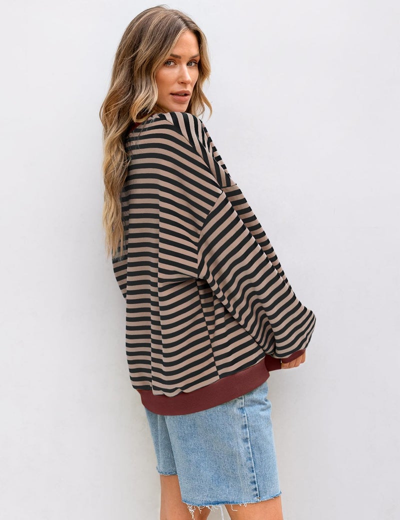 UEU Womenâ€™s Oversized Sweatshirt Long Sleeve Crewneck Pollover Tunic Tops Casual Striped Shirt Black Coffee Striped Large - Image 5