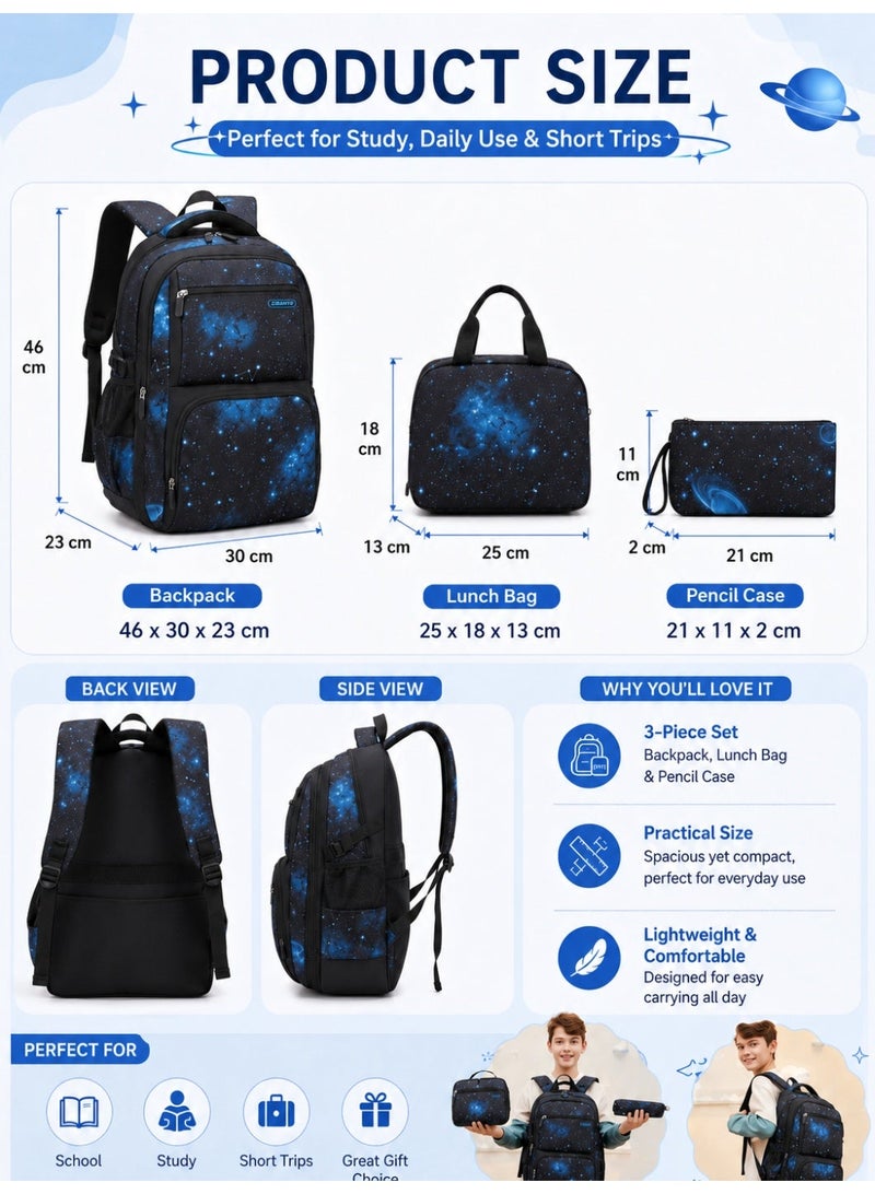 ZIRANYU Lightweight Kids Backpack for Boys Girls, School Backpack with Matching Lunch Box, Space Galaxy Book Bag for Preschool Kindergarten Elementary School - Image 3