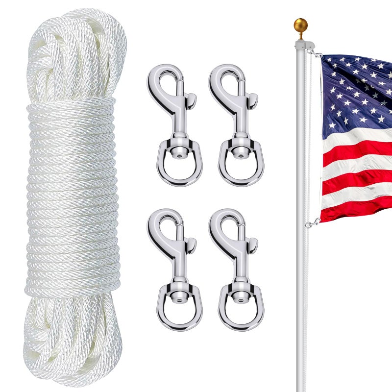 NQ Flag Pole Rope Line Kit50FT x 14Diameter Nylon Flag Pole Halyard Rope with 4 Pcs Swivel Snap Clips Hooks Fits Flagpole Up to 25FT Outdoor Flagpole Camping Pet Tent Hardware Accessories White