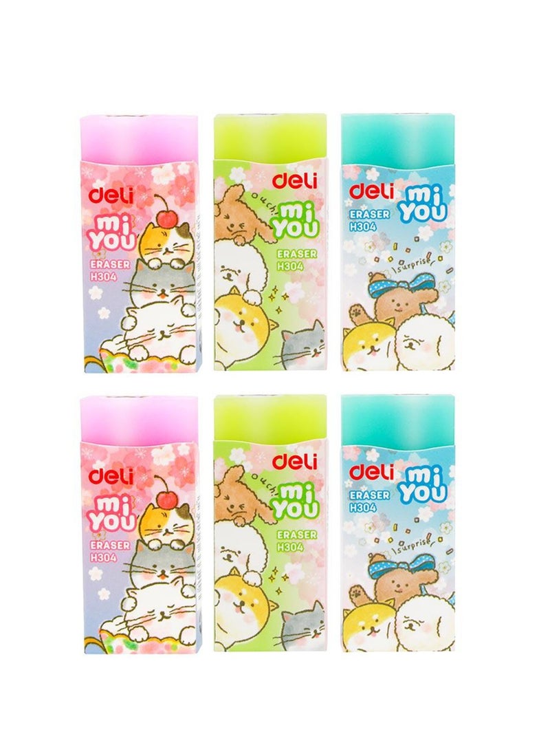 Deli 6-Piece Miyou Cartoon Print School Eraser Assorted Designs  - Image 1