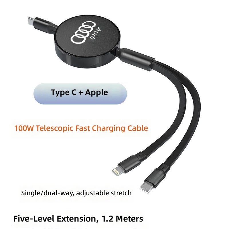Audi Car Charger with Retractable Fast Charging Cable for A4L A6L Q5L A3 A5 A7 A8 Q3 Q7 Q2L - Type-C 1-to-2