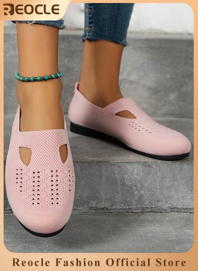 REOCLE Women's Mesh Flats Shoes Lightweight Comfortable Loafers Breathable Slip on Shoes Knitted Flat Shoes Walking Shoes with Round Toe - Image 1