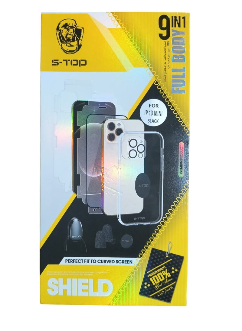 S-TOP S-TOP Shield 9-in-1 Full Body Protection Kit for iPhone 13 Mini (Black) – Includes Screen Protector, Back Cover, Camera Lens Protector & More – Premium Curved Fit Protection  - Image 1