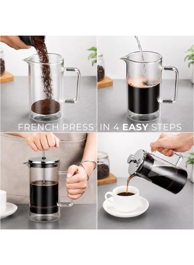 BLACKSTONE Double Wall Glass French Press Coffee Maker, 350 ml, Stainless Steel Filter, Heat Resistant, Clear, For Home Brewing and Loose Leaf Tea - Image 4