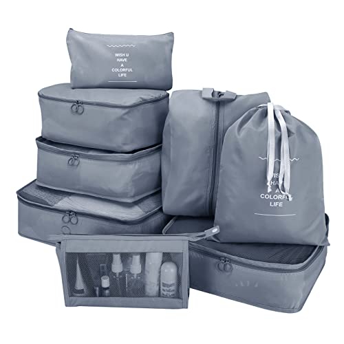 Niwlix Nylon 8 Pcs Travel Organizer Pouch Packing Cubes For Travel Clothes Space Savers Bags Cosmetics/Underwear/Socks/Shoes Toiletry Organiser Pouch (Grey) - Image 1