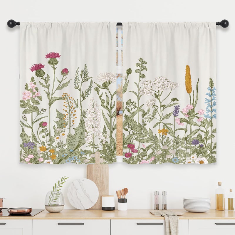 Riyidecor Rustic Flower Curtains Green Leaf Rod Pocket Vintage Floral Colorful Plant Herbs Women Wildflower Blossom Botanical Nature Classic Bedroom Living Room Treatment Fabric 2 Panels 42 x 45 Inch