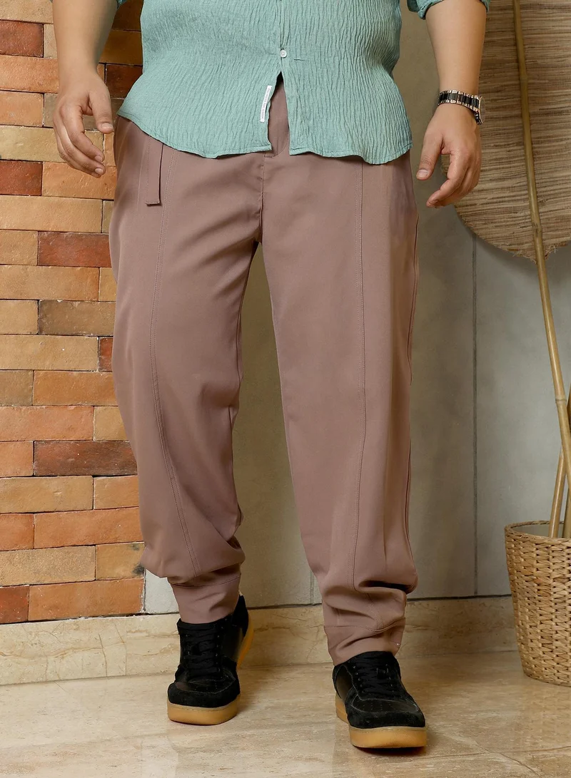 Instafab Plus Instafab Plus Men's Tan Brown Panelled Gurkha Trousers | Mid-Rise , Cuffed Hem , Button Closure | Solid Plain Polyester Blend Material For Street & Casual Wear