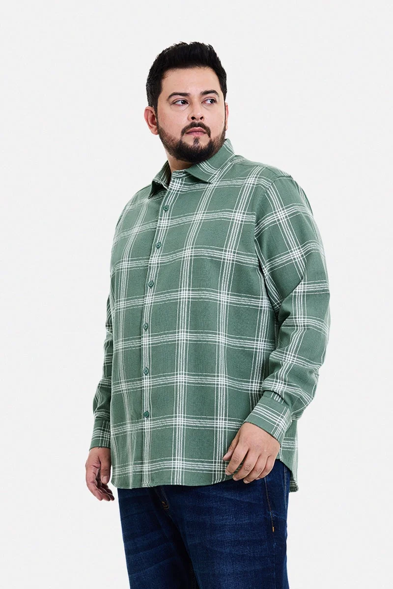 SNITCH Sage Green Checkered Long Sleeve Regular Fit Casual Plus Size Shirt