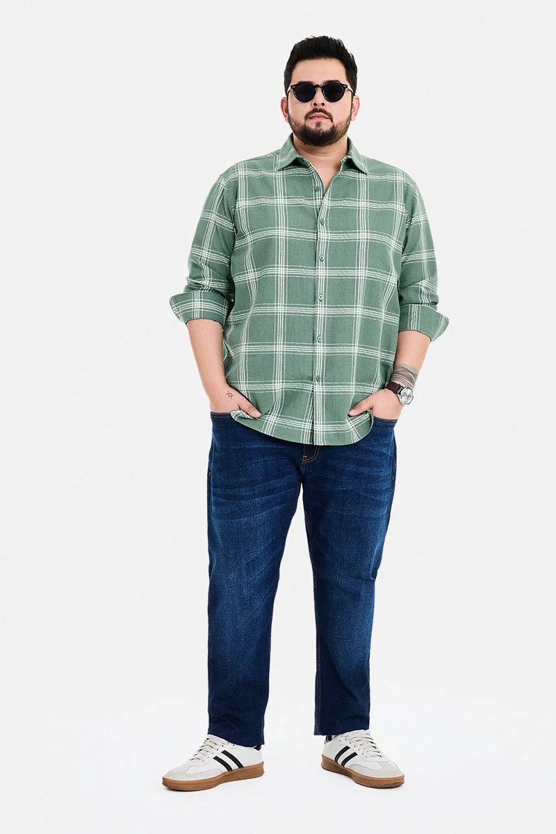 SNITCH Sage Green Checkered Long Sleeve Regular Fit Casual Plus Size Shirt