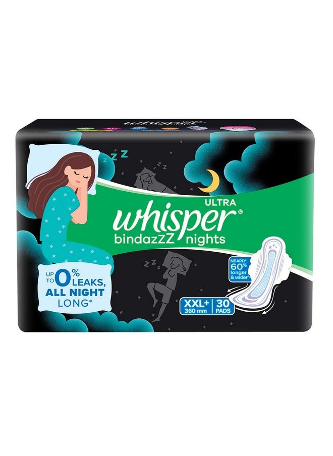 Whisper Bindazzz Nights Sanitary Pads, 30 Xxl+ Pads, Upto 0% Leaks All Night Long, For Heavy Flow, 40% Longer & Wider Back, Comfortable Cushiony Soft Wings, Disposable Wrapper  - Image 1