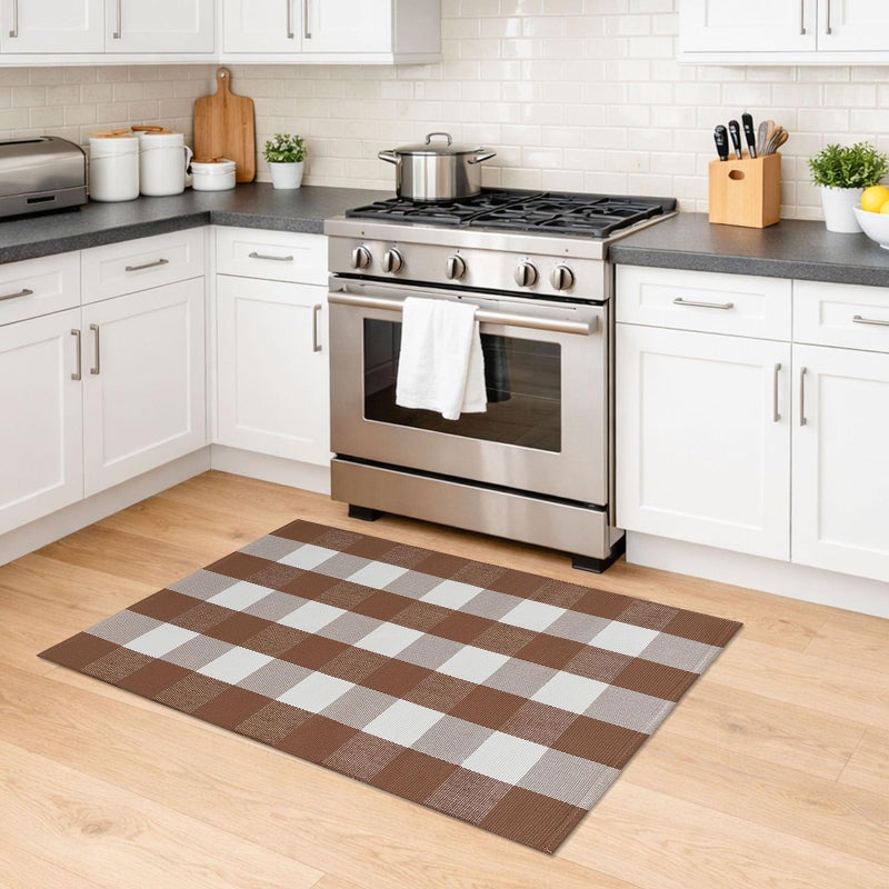 KILOCOCO Buffalo Plaid Checkered Rug 27.5x43 Inches Front Door Mat Outdoor Brown and White Rugs Cotton Washable Front Porch Rug Layered Doormats for Patio Farmhouse Entryway Kitchen Foyer - Image 5
