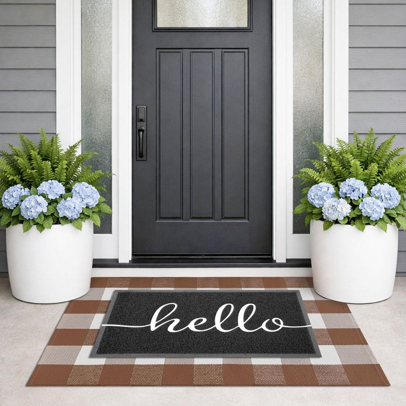 KILOCOCO Buffalo Plaid Checkered Rug 27.5x43 Inches Front Door Mat Outdoor Brown and White Rugs Cotton Washable Front Porch Rug Layered Doormats for Patio Farmhouse Entryway Kitchen Foyer - Image 2
