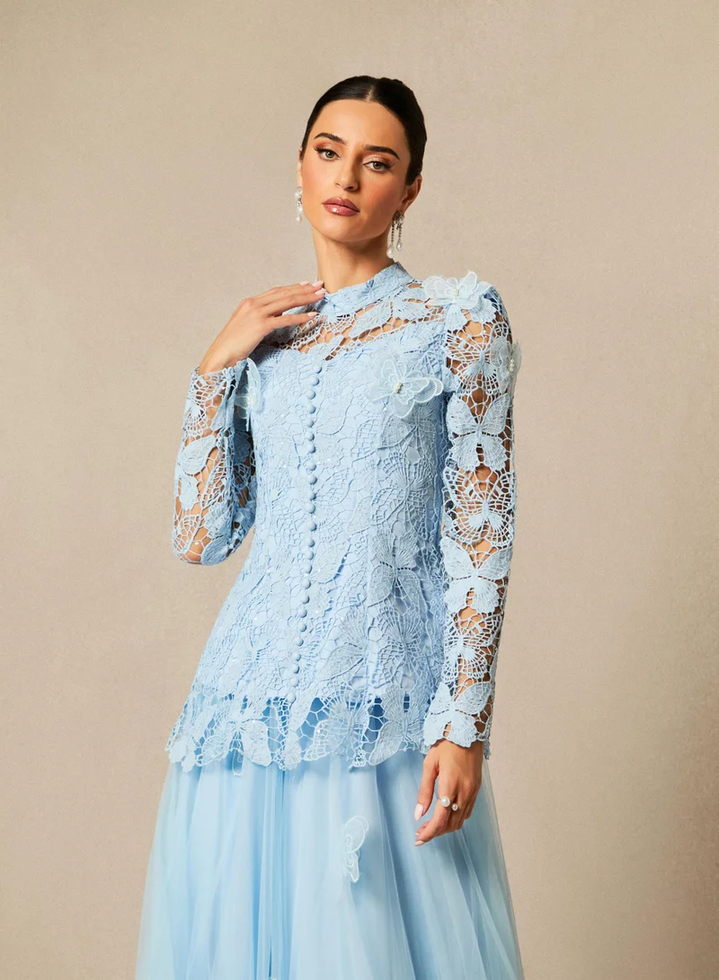Sunfere Blue Elizabeth Butterfly Embroidered Lace Maxi Dress for Women | Best Price UAE