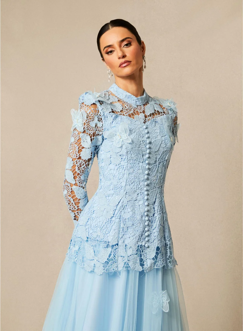 Sunfere Blue Elizabeth Butterfly Embroidered Lace Maxi Dress for Women | Best Price UAE