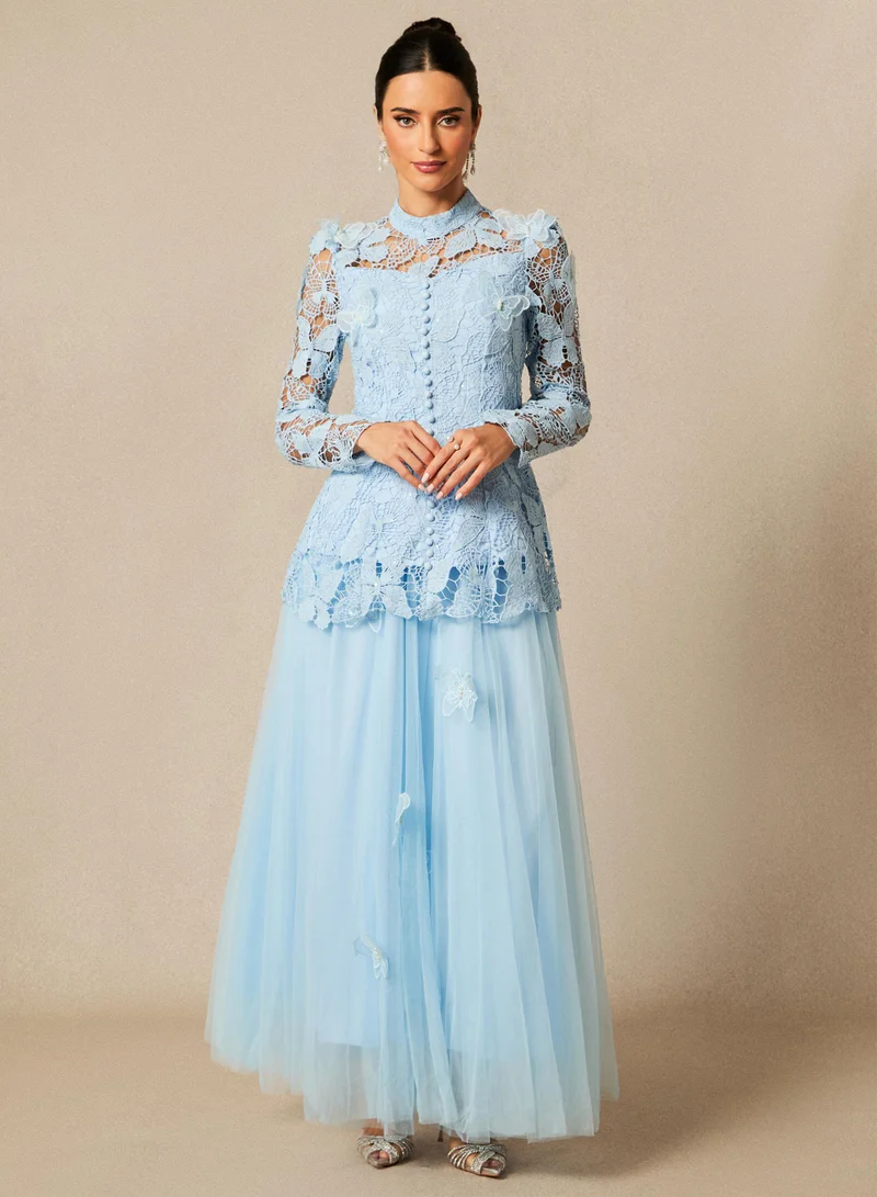 Sunfere Elizabeth Butterfly Embroidered Lace Maxi Dress