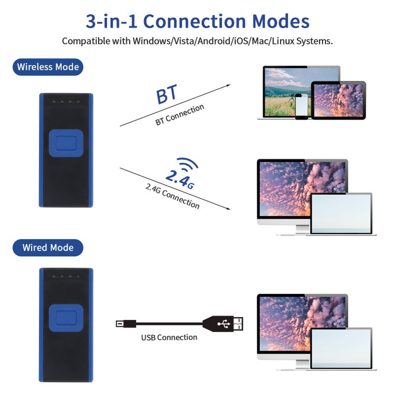 Handheld 1D 2D QR Mini Barcode Scanner 3-in-1 BT & 2.4G Wireless & USB Wired Bar Code Reader Portable Scanner Support Screen Scan Compatible with Android iOS Smartphone Tablets iPad Windows Mac Computer PC Laptop - Image 4