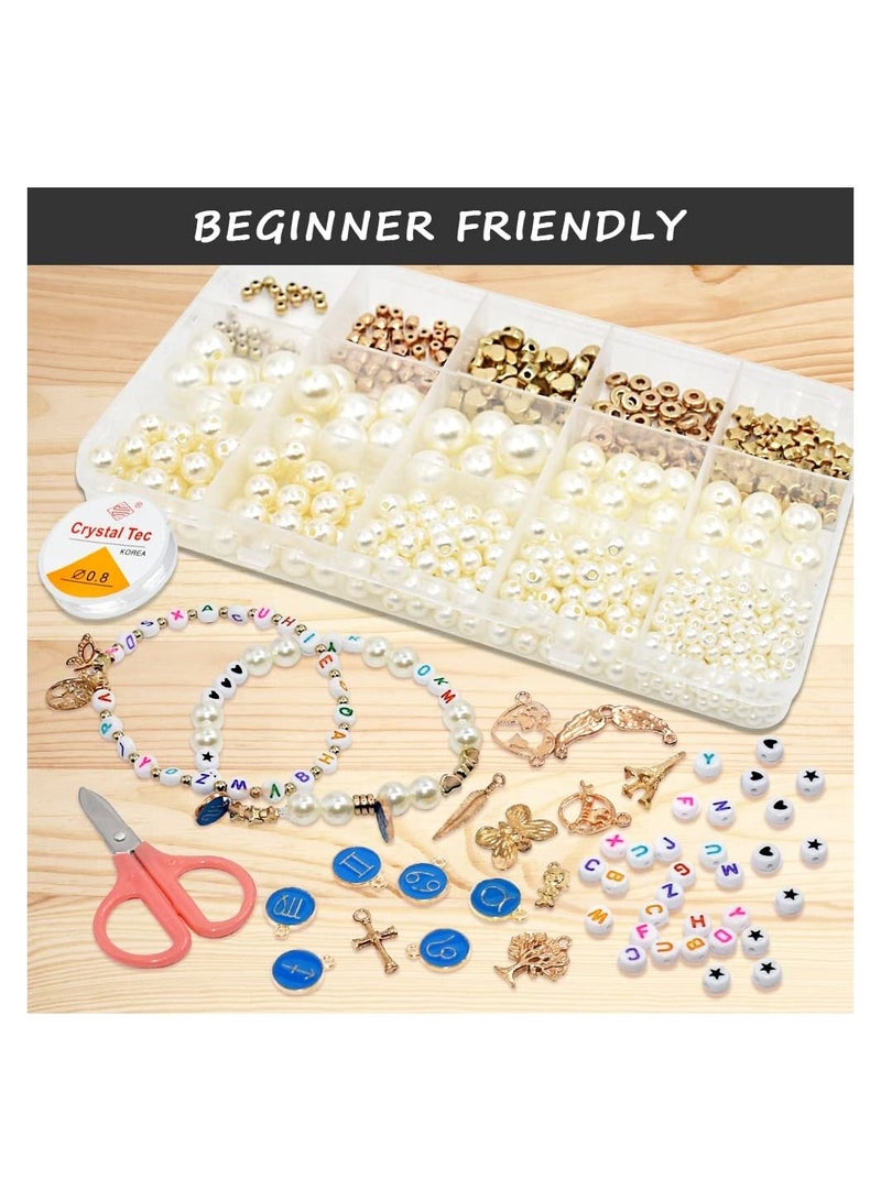 KASTWAVE Clay Beads for Bracelet Making kit, KASTWAVE 4-12mm White Pearl Bracelet Kit 50 Pcs Gold Pendants Kit Constellation Pendant Kit with Elastic Strings Jewelry Making Kit Beads Necklace Making Kit - Image 5