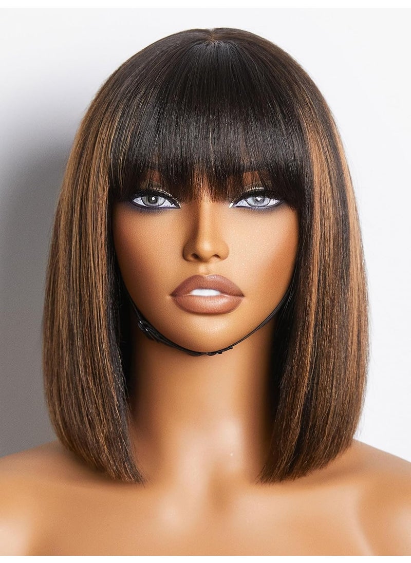 LUVME HAIR - LUVME HAIR 10 Inch Yaki Straight Bob Wig with Bangs Human Hair Glueless HD Lace Bob Wig with Brown Highlights Ready to Go Short Wigs For Women 180 Density Breathable Cap - Image 1