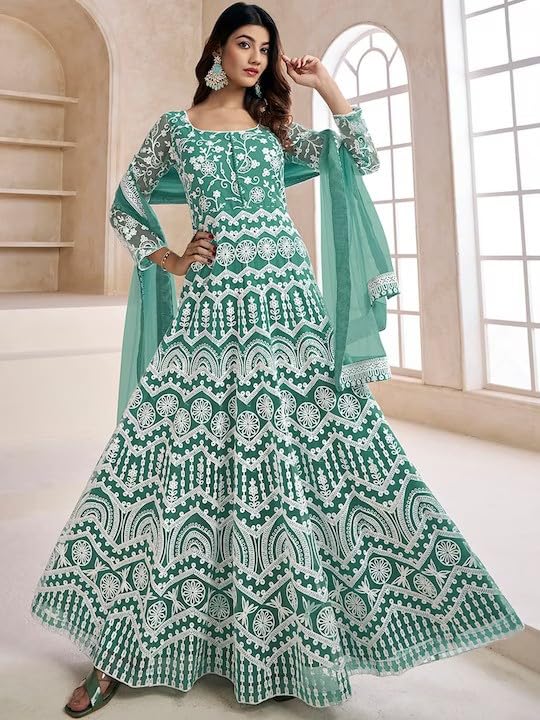 PATLANI Women's Naylon Net Embroiered Full Stitched Gown with Dupatta. Green - Image 3