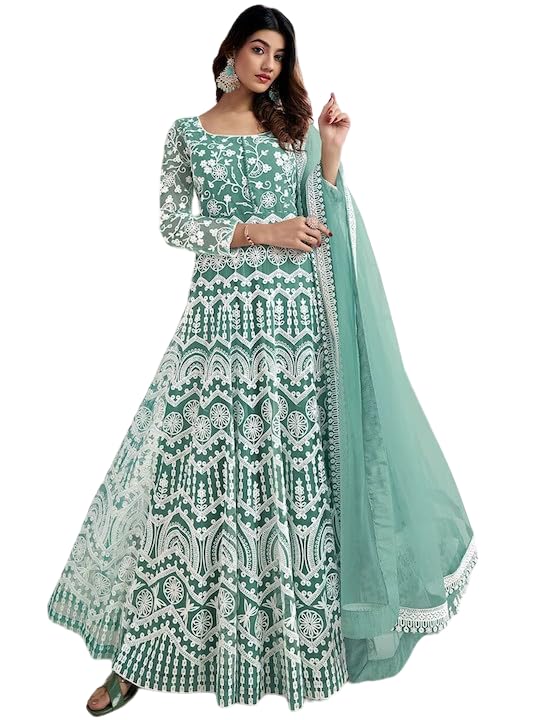 PATLANI Women's Naylon Net Embroiered Full Stitched Gown with Dupatta. Green - Image 1
