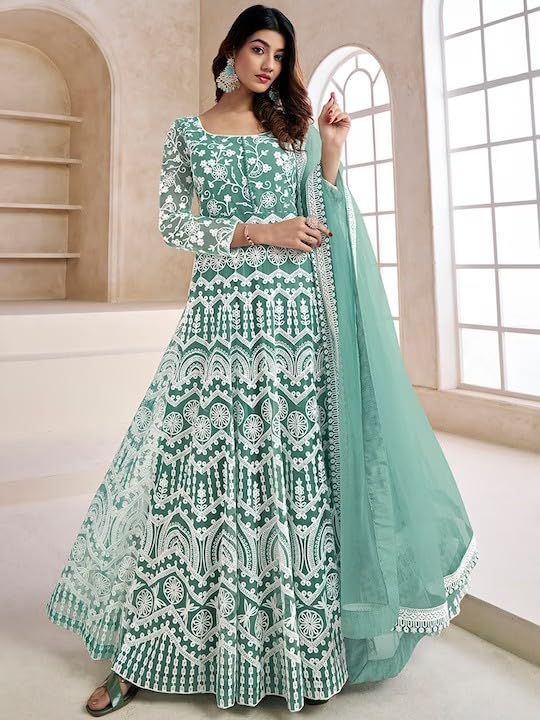 PATLANI Women's Naylon Net Embroiered Full Stitched Gown with Dupatta. Green - Image 5