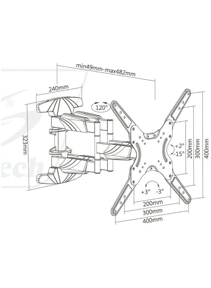 Skill Tech SH‑446P Full‑Motion Double‑Stud Swivel TV Wall Mount | Heavy-Duty Steel Mount for 23″–55″ Flat & Curved TVs | Supports Up to 50 kg | ±60° Swivel, +10°/–20° Tilt, ±3° Leveling | Low‑Profile (64–510 mm) & Cable-Managed (Black) - Image 4