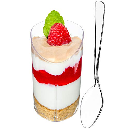 DLux 28 x 3 oz Mini Dessert Cups with Spoons Slanted Triangle  Clear Plastic Parfait Appetizer Cup  Small Reusable Serving Bowl for Tasting Party Desserts Appetizers  With Recipe Ebook