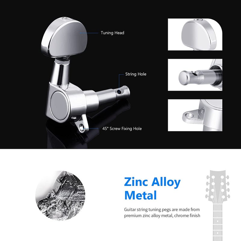 Device Of Urban Infotech 6 قطع مفاتيح ضبط أوتار الجيتار مفاتيح الجيتار للجيتار الصوتي رؤوس الآلات مفاتيح الضبط للجيتار الصوتي أو الكهربائي، كروم (3 لليسار + 3 لليمين) - Image 3