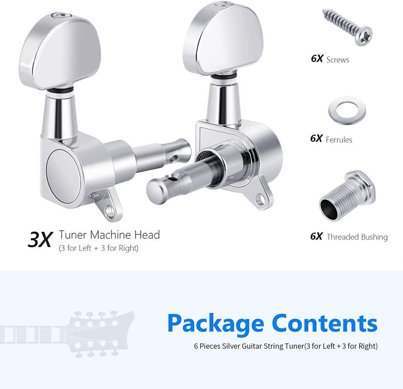 Device Of Urban Infotech 6 قطع مفاتيح ضبط أوتار الجيتار مفاتيح الجيتار للجيتار الصوتي رؤوس الآلات مفاتيح الضبط للجيتار الصوتي أو الكهربائي، كروم (3 لليسار + 3 لليمين) - Image 4