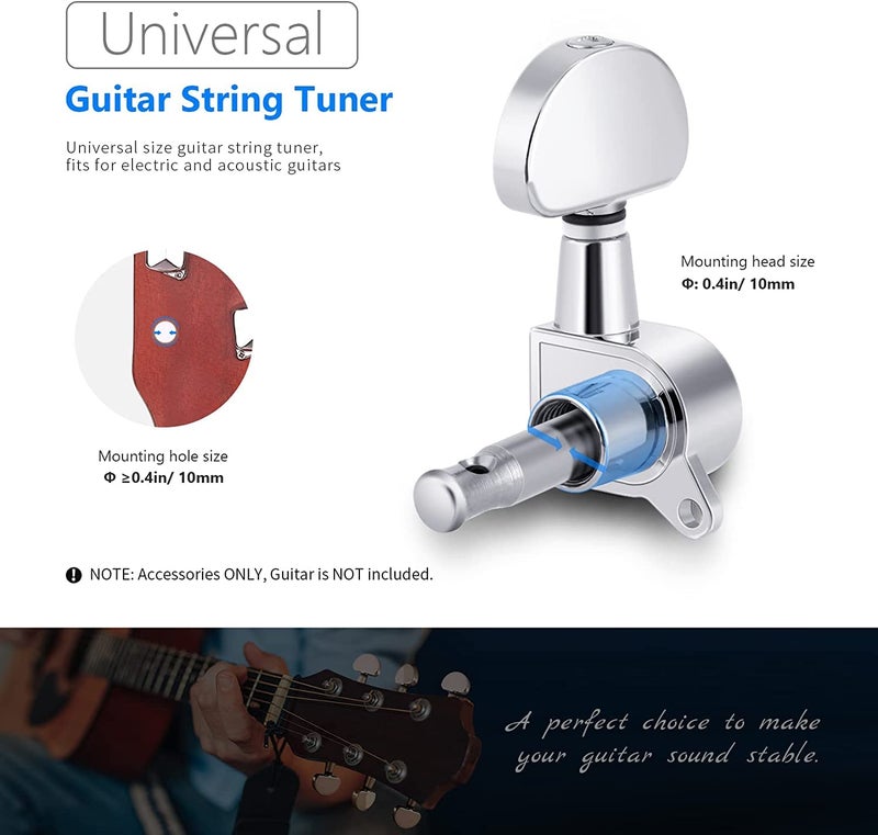 Device Of Urban Infotech 6 قطع مفاتيح ضبط أوتار الجيتار مفاتيح الجيتار للجيتار الصوتي رؤوس الآلات مفاتيح الضبط للجيتار الصوتي أو الكهربائي، كروم (3 لليسار + 3 لليمين) - Image 2