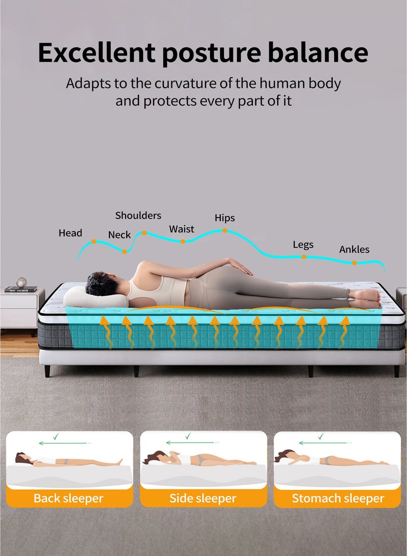 مرتبة كوين 200x180x25 سم، نوابض جيبية هجينة مع رغوة عالية الكثافة وقماش قابل للتنفس، درجة صلابة متوسطة لنوم بارد - Image 4