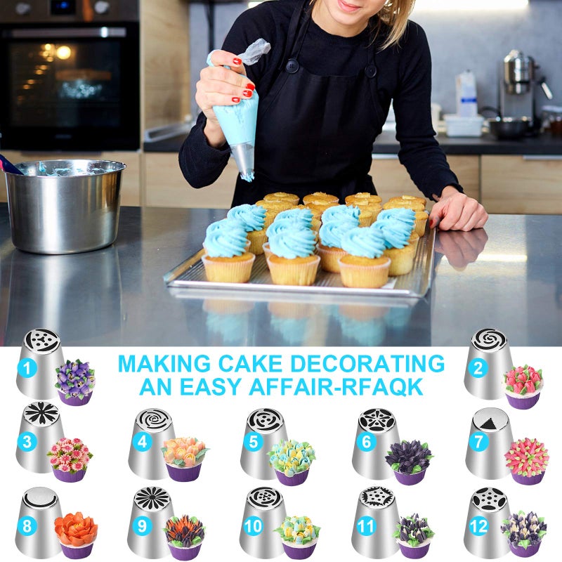 YLYL 47 Pcs Russian Piping Tips Set, 12 Flower Frosting Nozzles Icing Tips for Cake Decorating Tips Kit, Baking Supplies for Cookie Cupcake, 2 Leaf Piping Tips 2 Couplers 30 Pastry Baking Bags YLYL - Image 5
