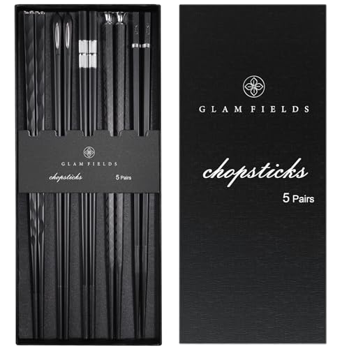 GLAMFIELDS 5 Pairs Premium Chopsticks Reusable Dishwasher Safe 9.5 Inch Fiberglass Chop Sticks Gift Set Non Slip Black + Silver - Image 1