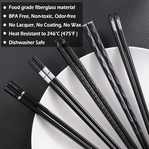 GLAMFIELDS 5 Pairs Premium Chopsticks Reusable Dishwasher Safe 9.5 Inch Fiberglass Chop Sticks Gift Set Non Slip Black + Silver - Image 3