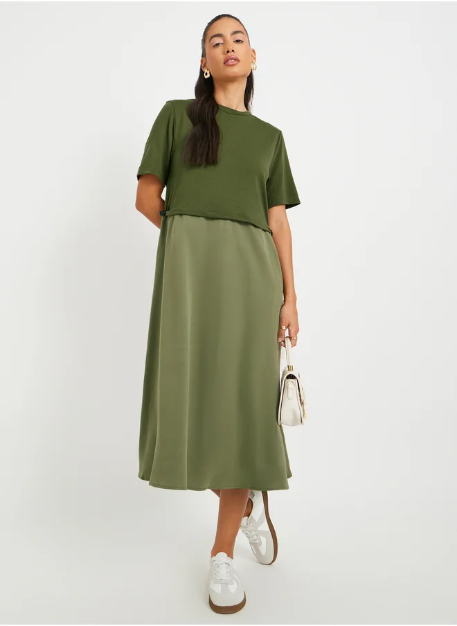 تايك تو Take Two Solid Short Sleeve Twofer A-Line Midi Dress