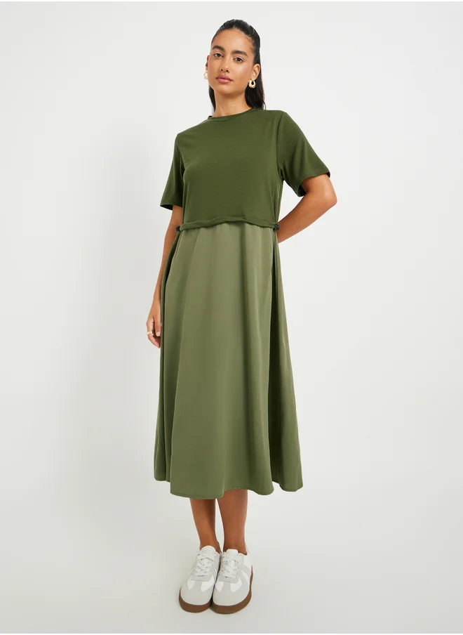 تايك تو Take Two Solid Short Sleeve Twofer A-Line Midi Dress